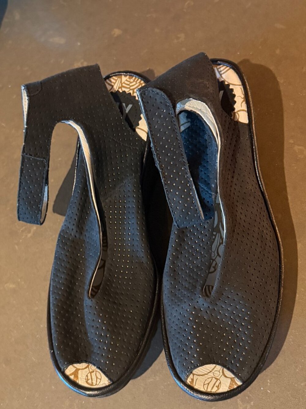 Fly London Yala Perf Black Perforated Leather Wedge Sandals - Size 39